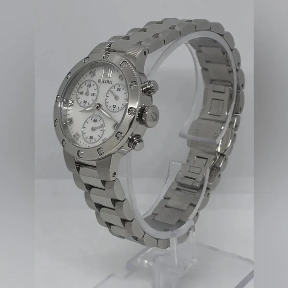 ♥️ BULOVA DIAMOND WATCH Silver Tone Mother of Pearl Face